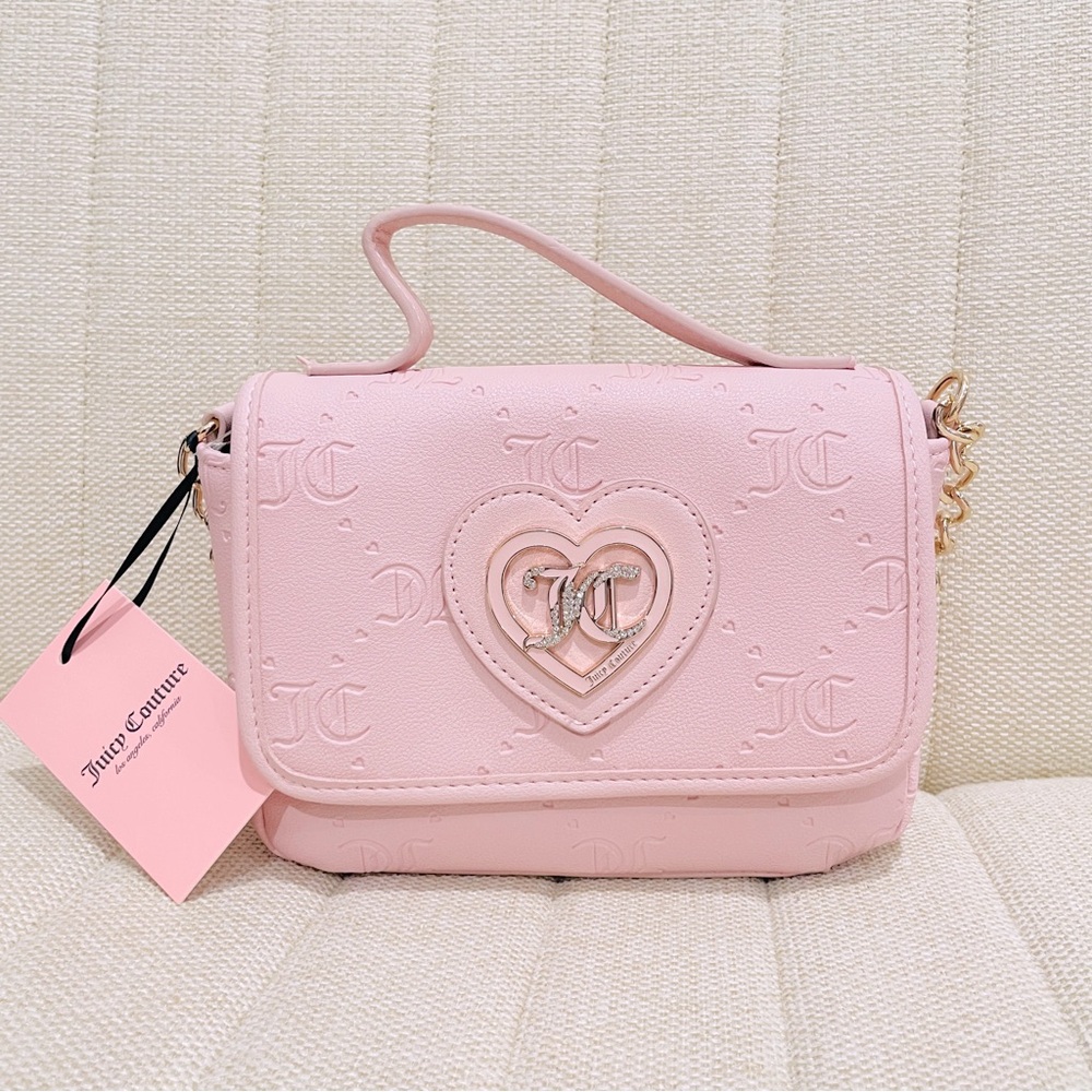 NEW Juicy Couture Pink Embossed Monogram Heart Logo Crossbody Flap Bag NWT